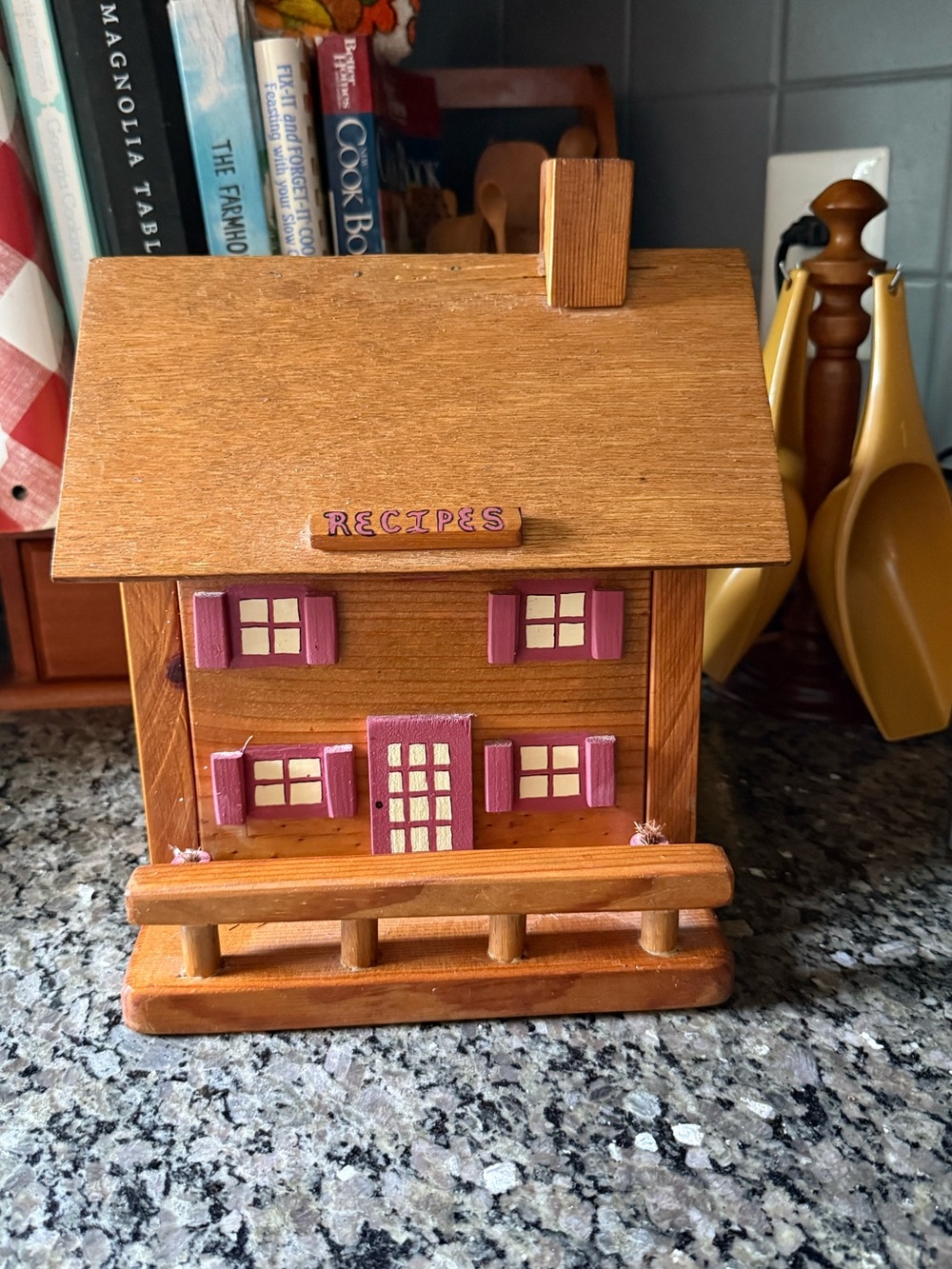 Grandmacore Vintage handmade Wooden House Recipe Box. Flaw